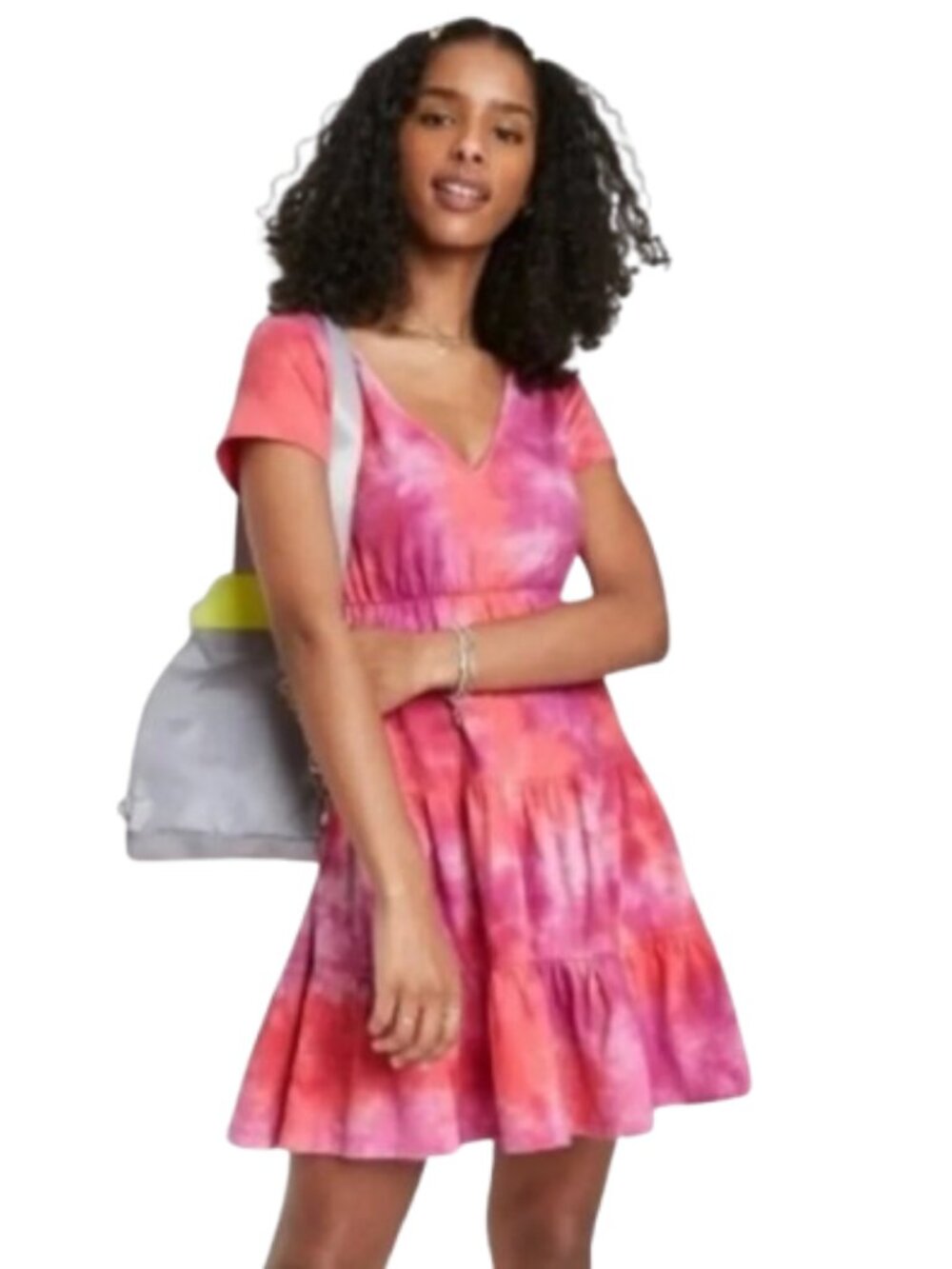 Tie Dye Dress Women's XS Pink Orange Cotton Tiered Short Sleeve Fit Flare Swing